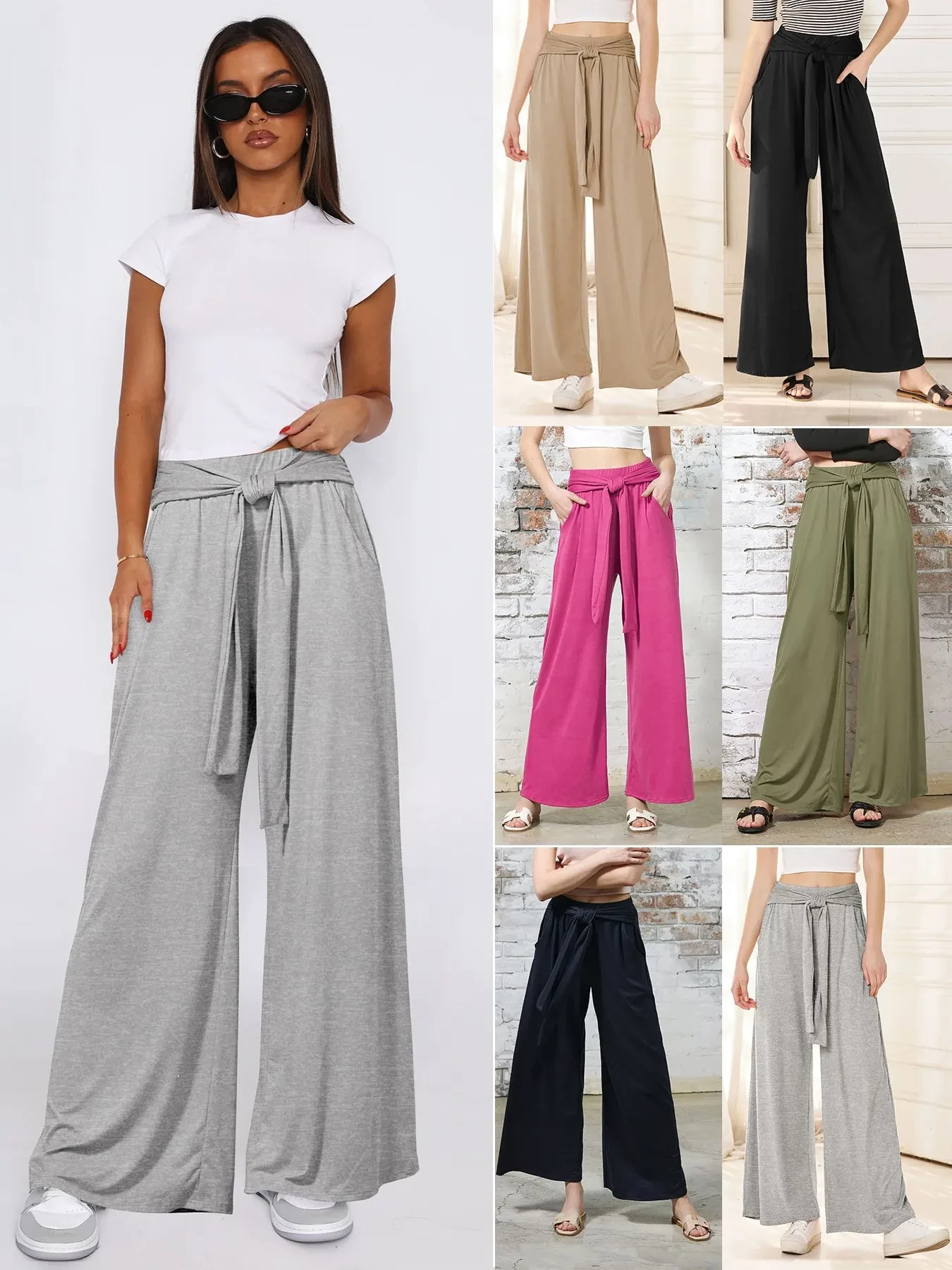 Women's Solid Color Draping Lace-up Wide-leg Pants