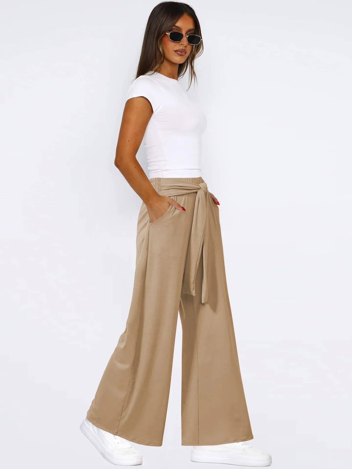 Women's Solid Color Draping Lace-up Wide-leg Pants