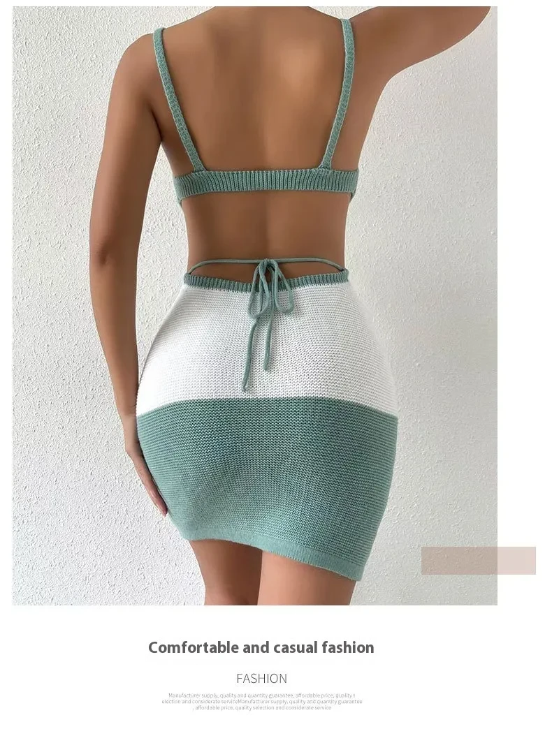 Suspender Stripes Color Matching Backless Lace Up Knitted Wool Dress