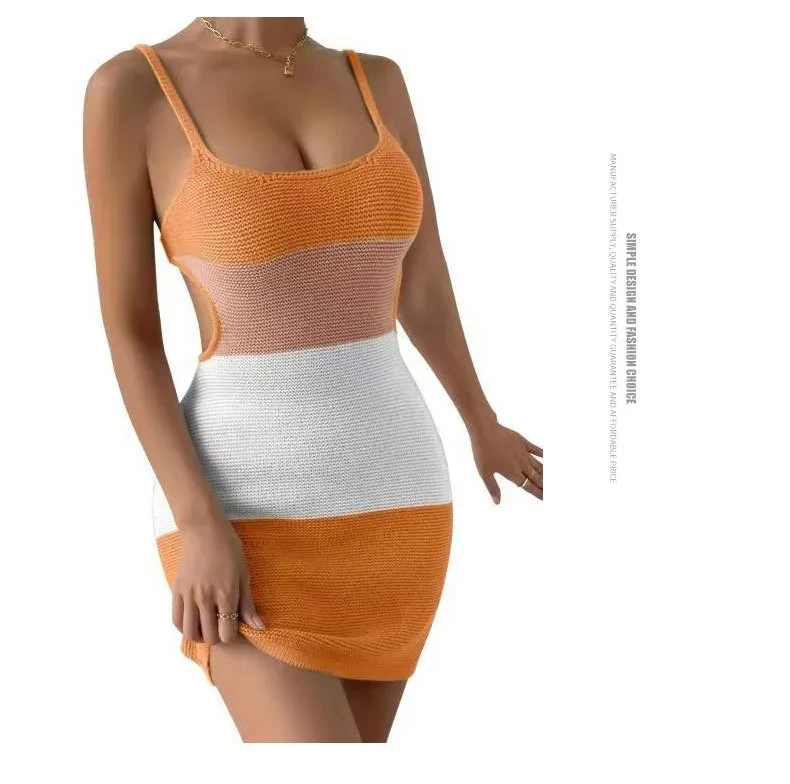 Suspender Stripes Color Matching Backless Lace Up Knitted Wool Dress