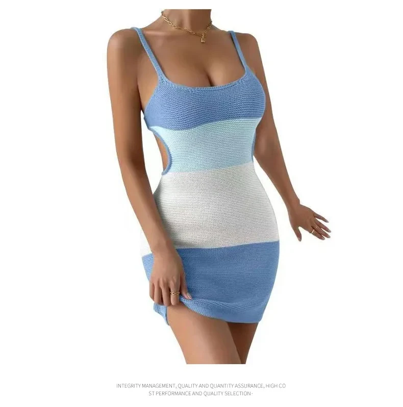 Suspender Stripes Color Matching Backless Lace Up Knitted Wool Dress