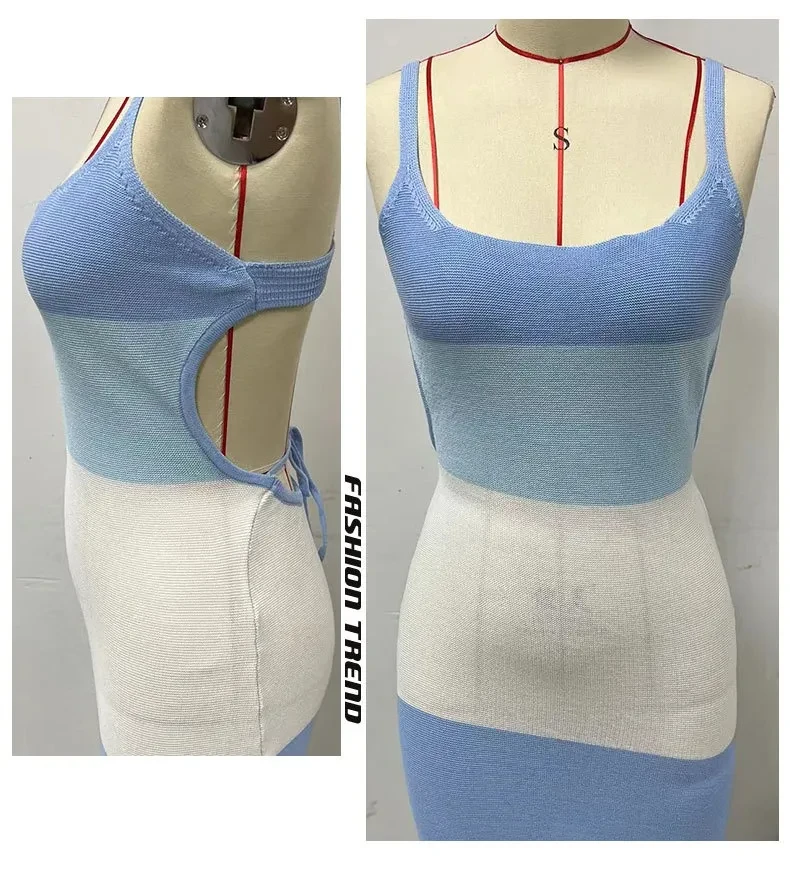 Suspender Stripes Color Matching Backless Lace Up Knitted Wool Dress