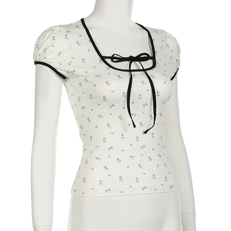 Floral Print Lace-up Hemming Puff Short Sleeve Knitted Top