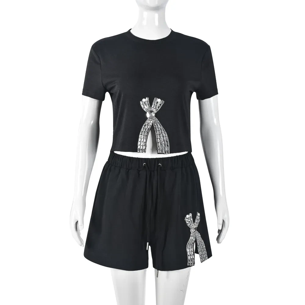 Lace-up Rhinestone Round Neck European And American Shorts Suit