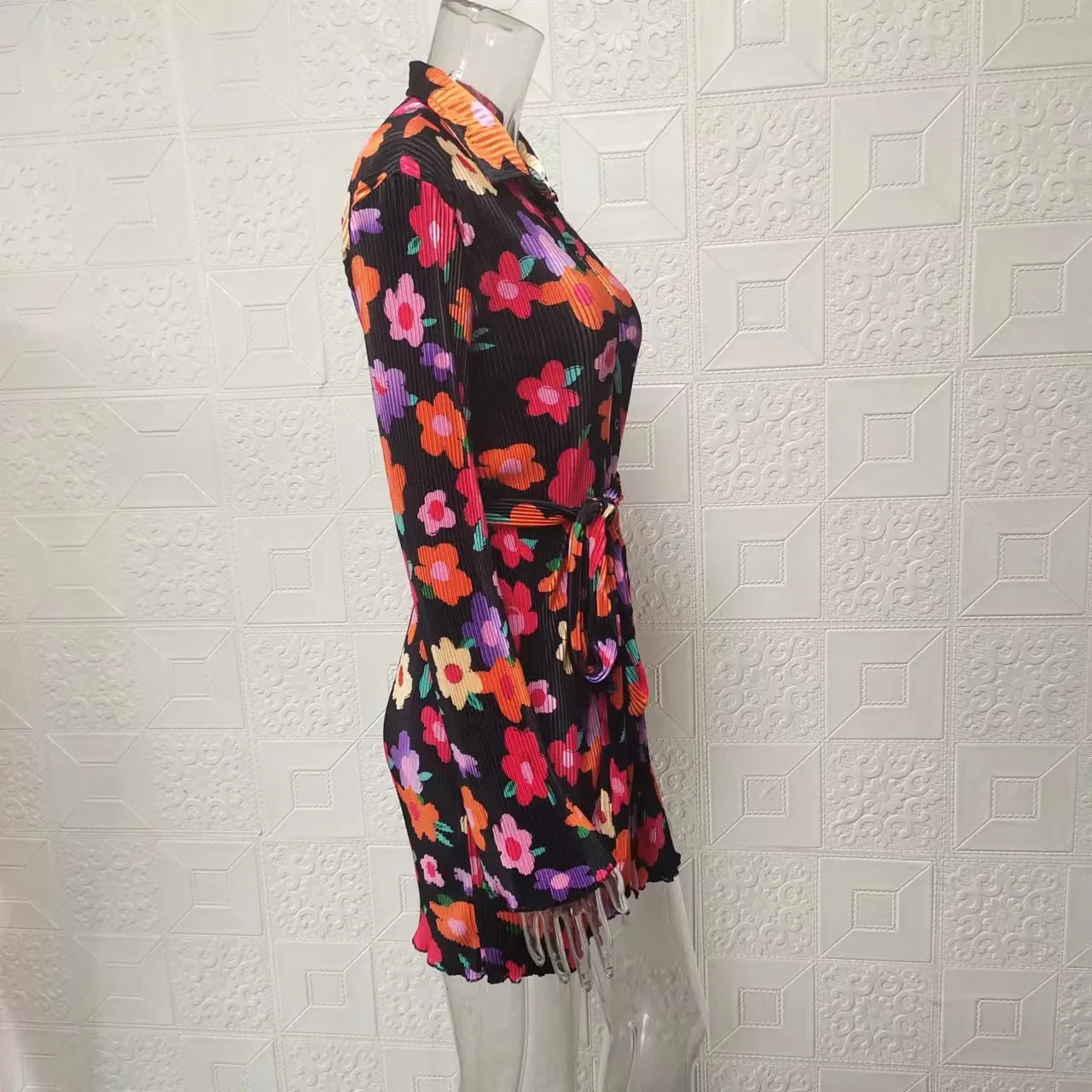 Shirt Dress Women's Flower Print Lace-up Long Sleeve Dress
