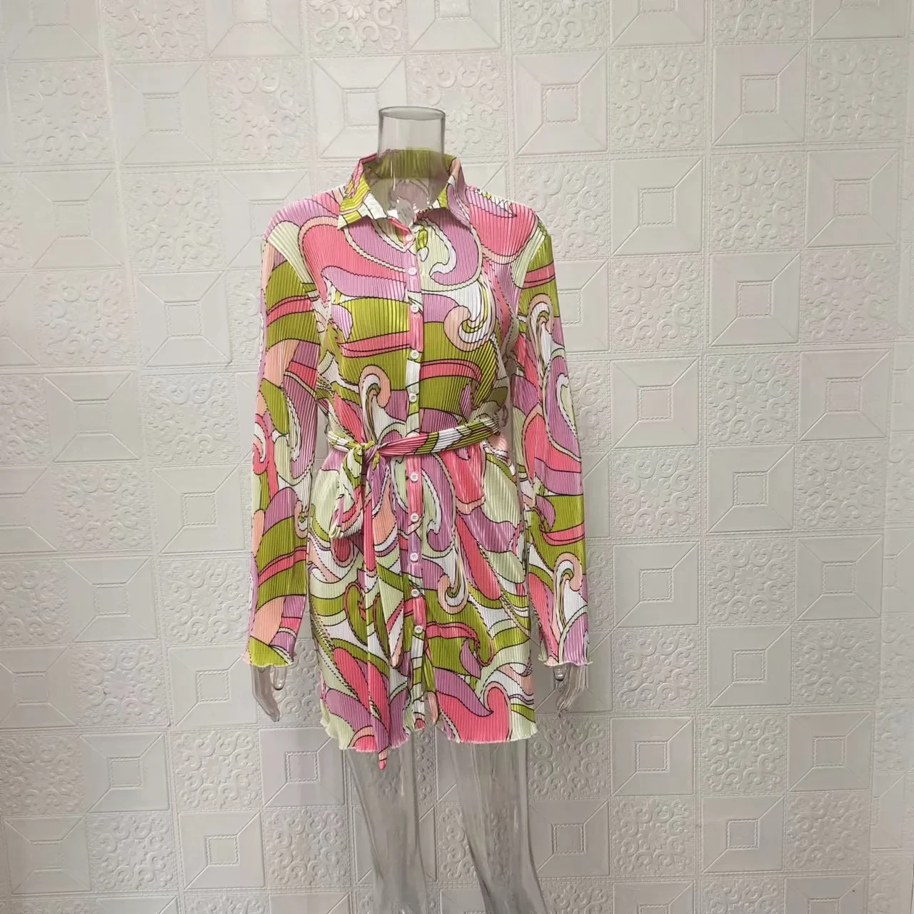 Shirt Dress Women's Flower Print Lace-up Long Sleeve Dress