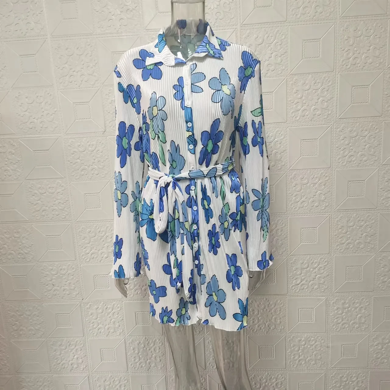 Shirt Dress Women's Flower Print Lace-up Long Sleeve Dress