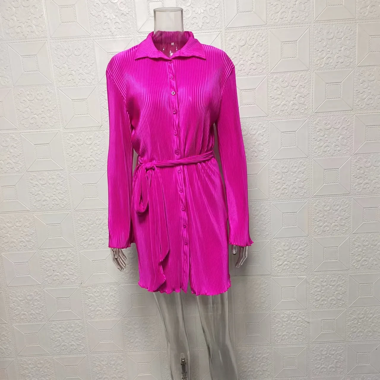 Shirt Dress Women's Flower Print Lace-up Long Sleeve Dress