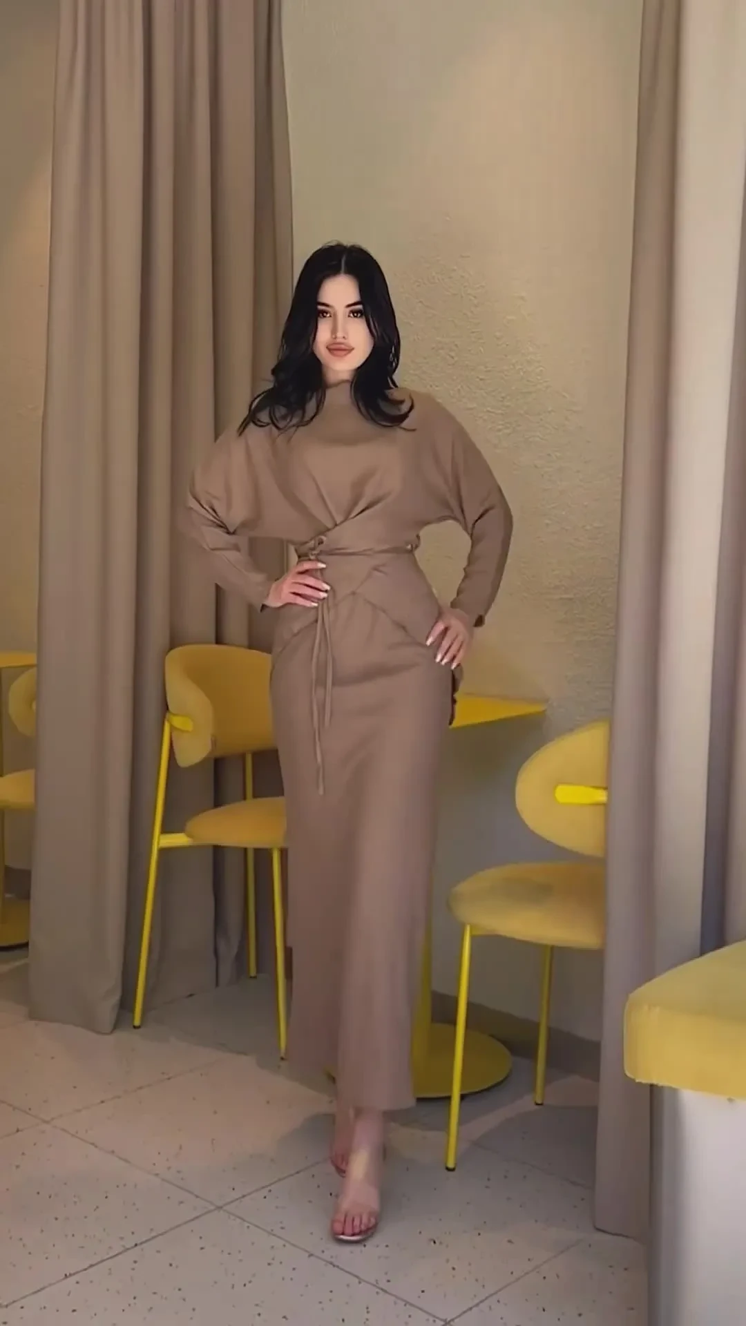 Solid Color Satin Cross Lace-up Nipped Waist Skirt Suit