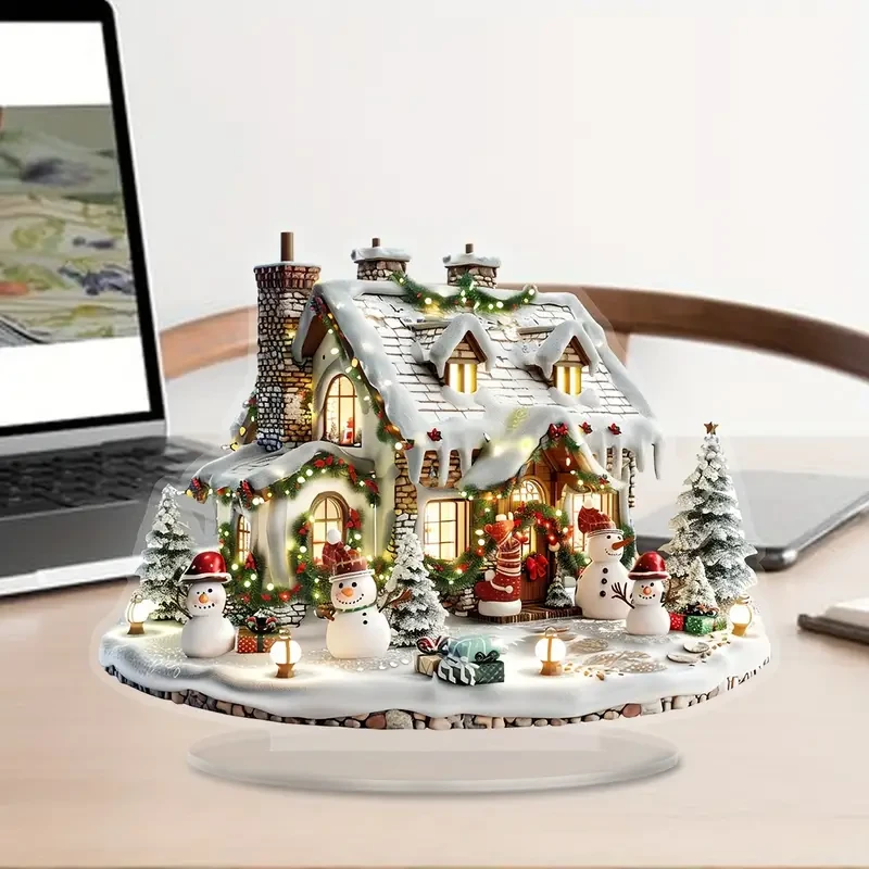 1pc Winter Wonderland Acrylic House with Snowmen & Christmas Tree