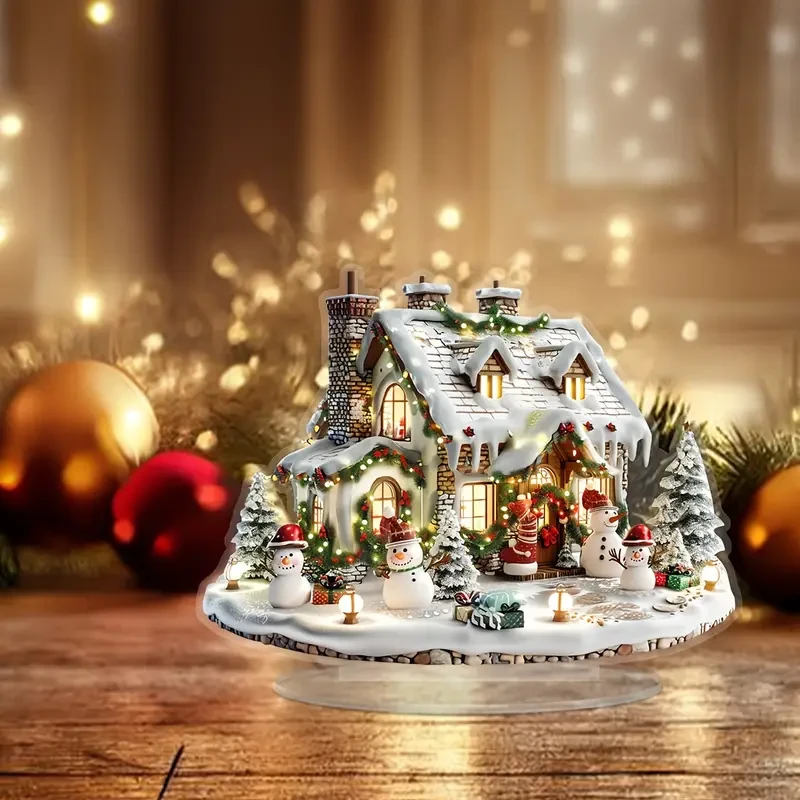 1pc Winter Wonderland Acrylic House with Snowmen & Christmas Tree