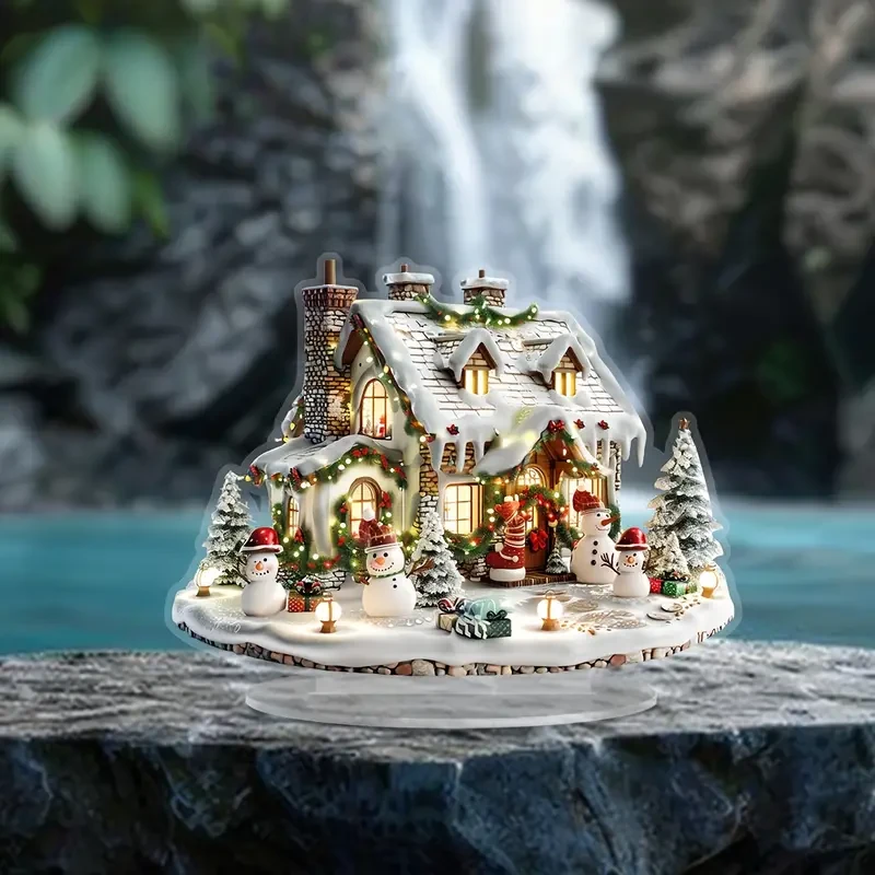 1pc Winter Wonderland Acrylic House with Snowmen & Christmas Tree