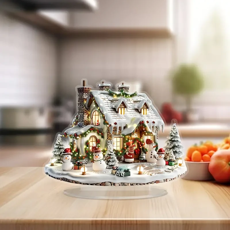 1pc Winter Wonderland Acrylic House with Snowmen & Christmas Tree