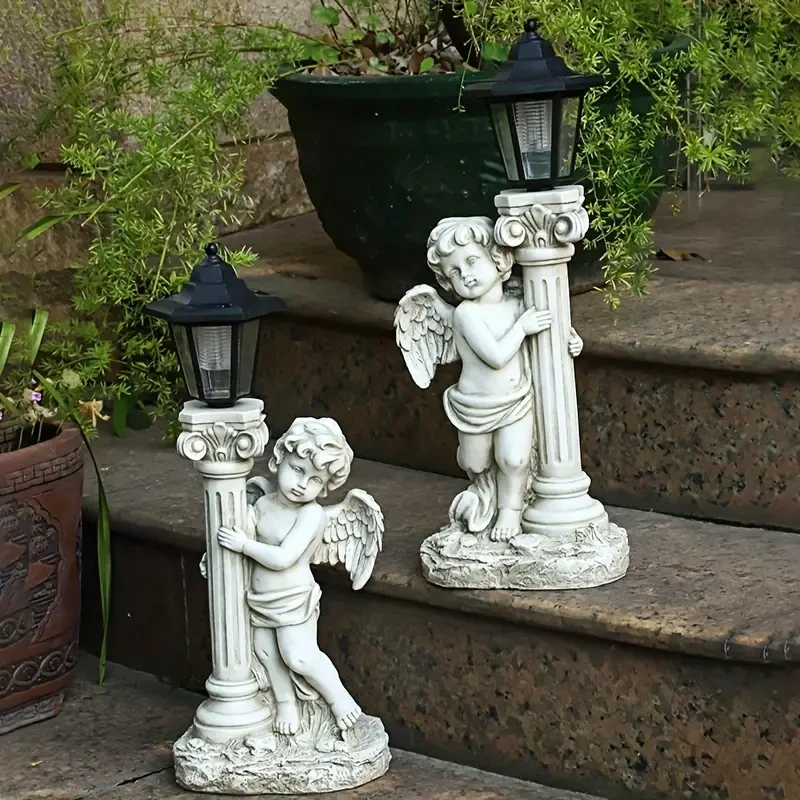 Vintage Roman Column Solar-Powered Angel Statue with Lantern