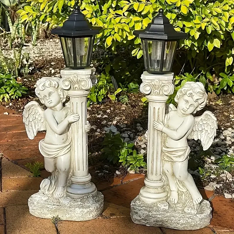 Vintage Roman Column Solar-Powered Angel Statue with Lantern