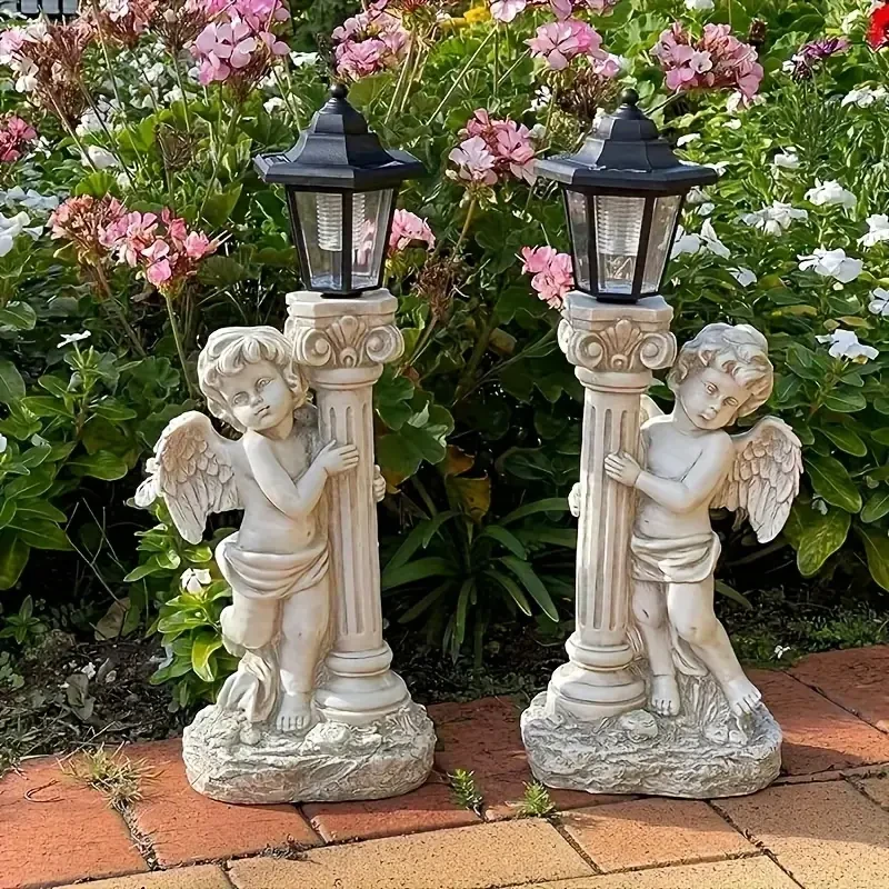 Vintage Roman Column Solar-Powered Angel Statue with Lantern