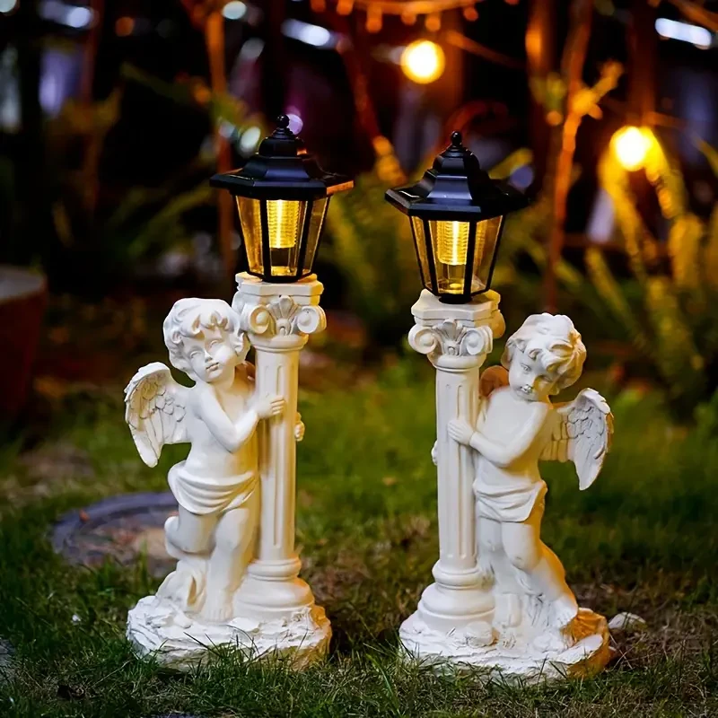 Vintage Roman Column Solar-Powered Angel Statue with Lantern
