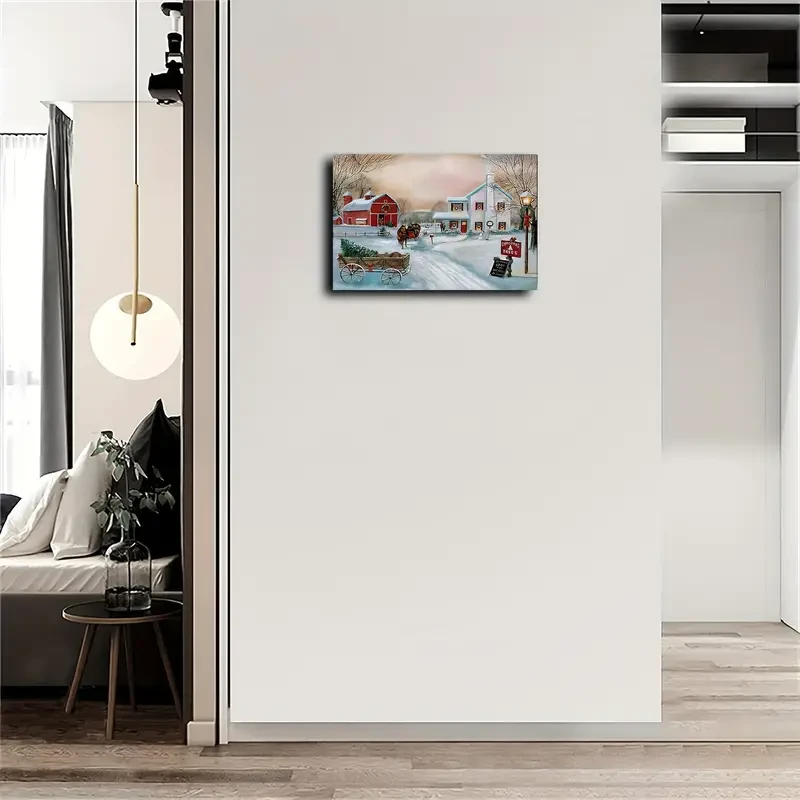 Charming Country Winter Scene Canvas Art - Christmas Tree & Red Barn