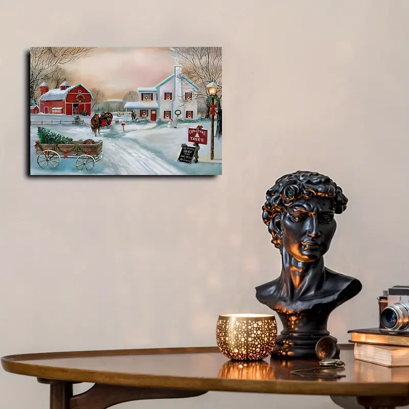 Charming Country Winter Scene Canvas Art - Christmas Tree & Red Barn