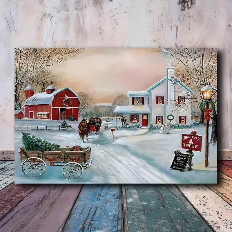 Charming Country Winter Scene Canvas Art - Christmas Tree & Red Barn