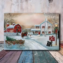 Charming Country Winter Scene Canvas Art - Christmas Tree & Red Barn