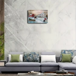 Charming Country Winter Scene Canvas Art - Christmas Tree & Red Barn