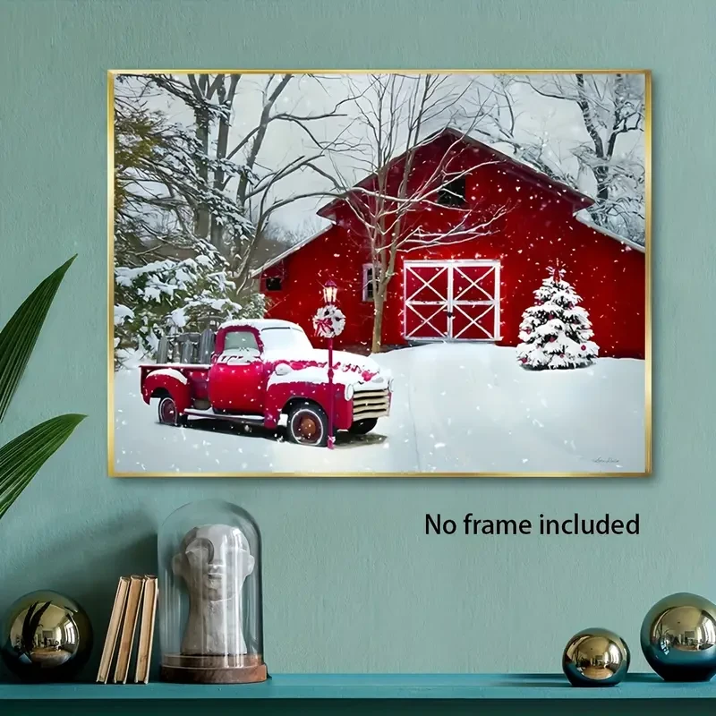 1 Pc Classic Red Truck & Snowy Christmas Canvas Print, 30.48x40.64 cm