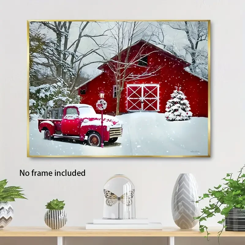 1 Pc Classic Red Truck & Snowy Christmas Canvas Print, 30.48x40.64 cm