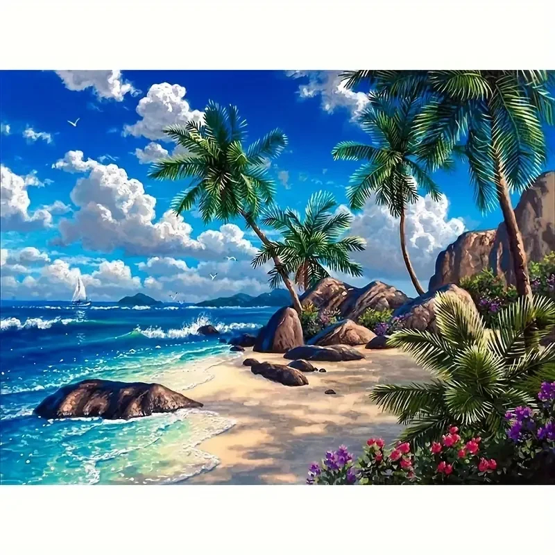 Vibrant Tropical Beach Scene Masterpiece with Round Acrylic Diamonds