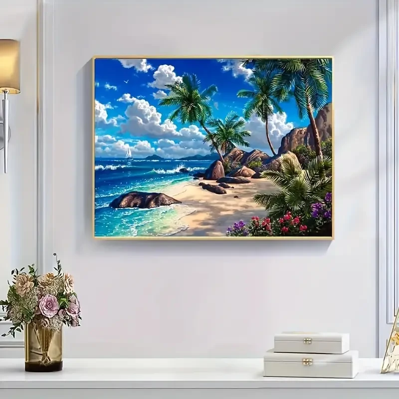 Vibrant Tropical Beach Scene Masterpiece with Round Acrylic Diamonds