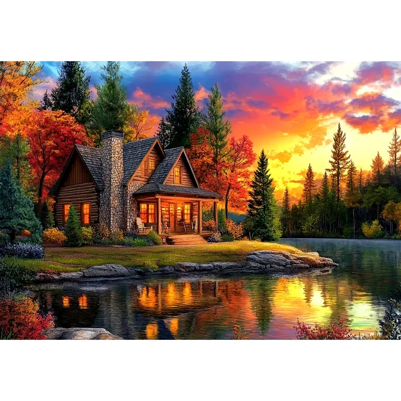 Round Diamond Painting Kit: Sunset Over Lake with Wooden Cabin