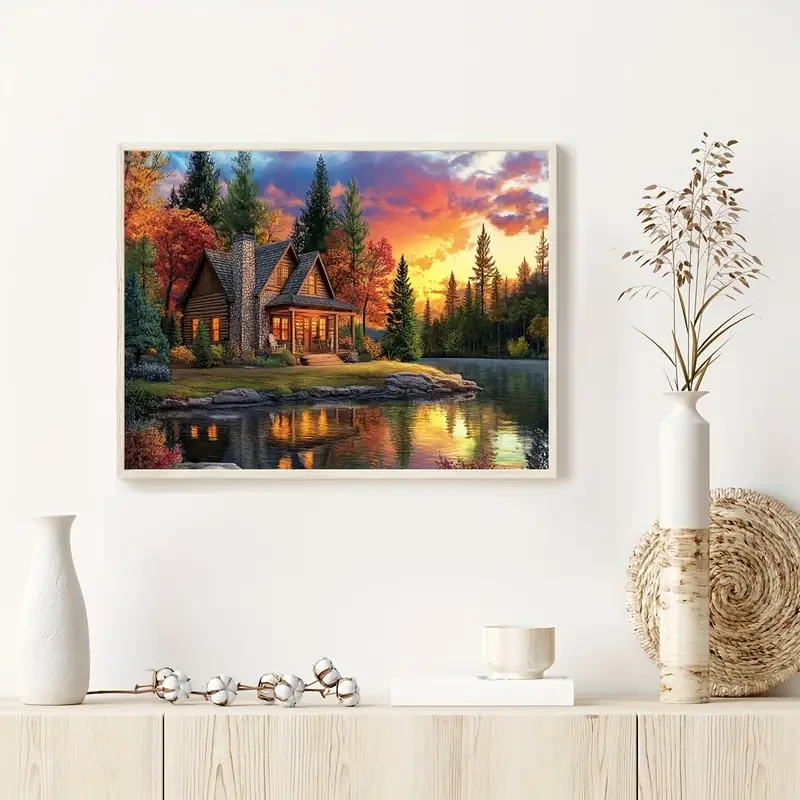 Round Diamond Painting Kit: Sunset Over Lake with Wooden Cabin