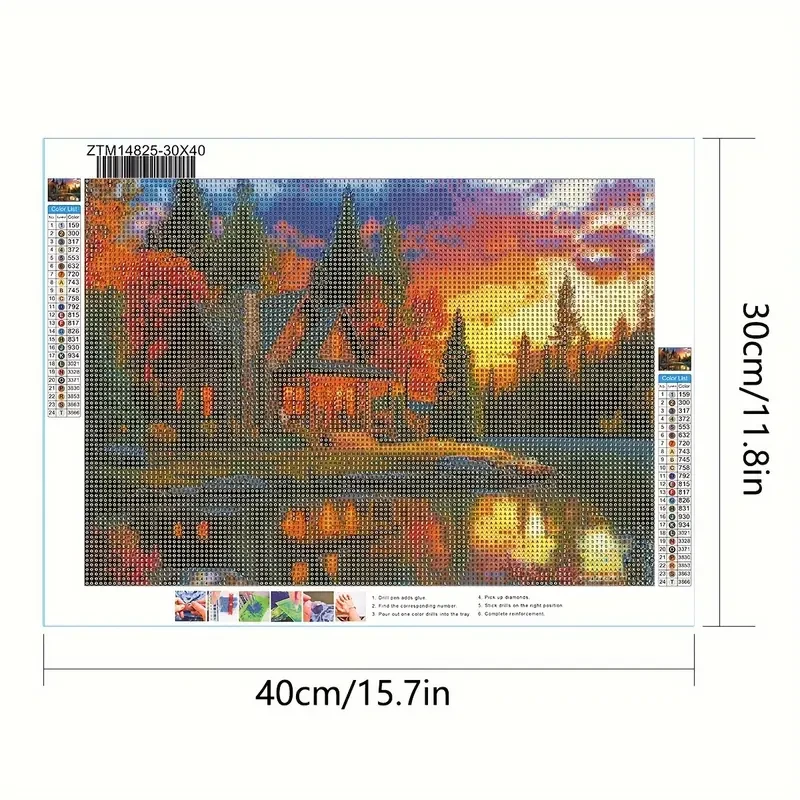Round Diamond Painting Kit: Sunset Over Lake with Wooden Cabin