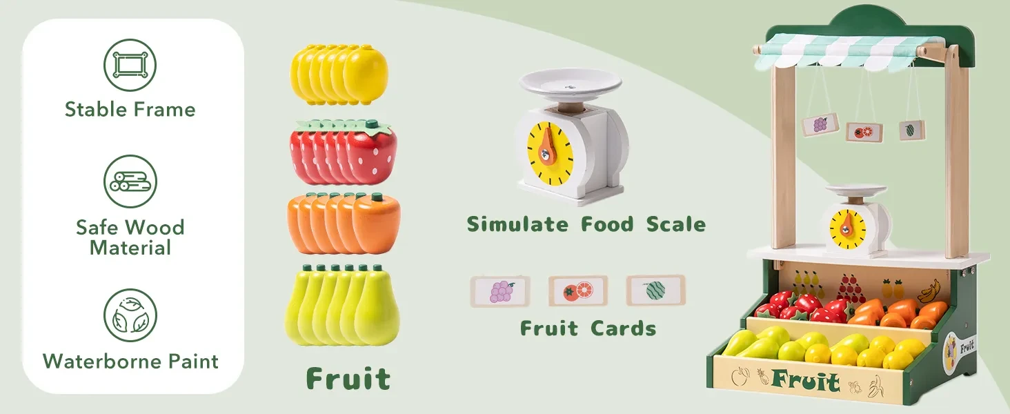 ROBOTIME Wooden Farmers Market Stand Fruit Stall Toy Grocery Store Set For Kids