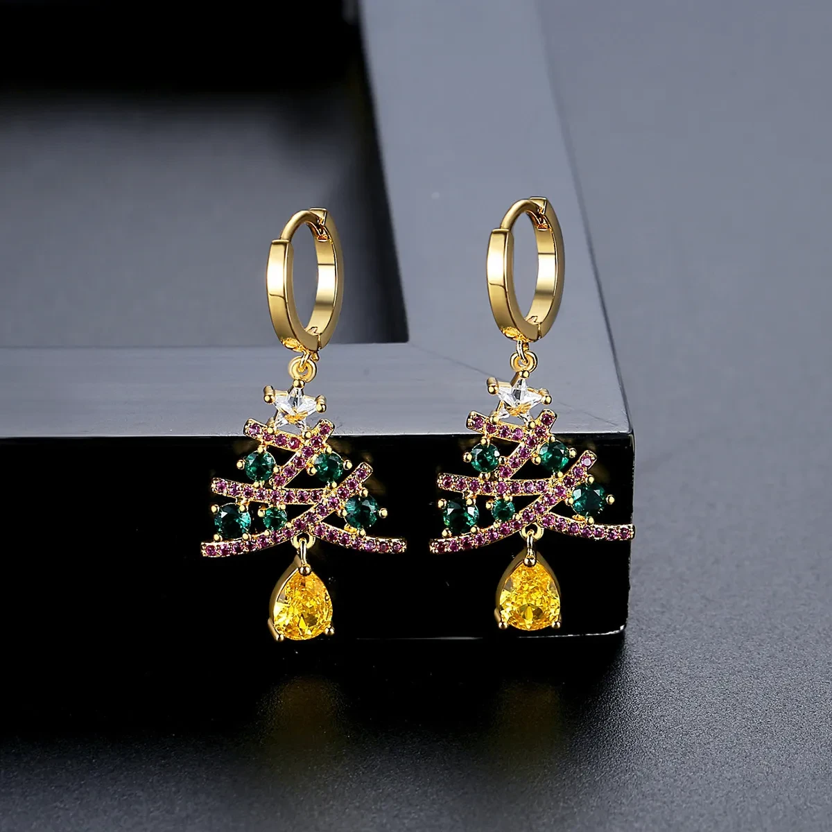 Tree Earrings With Colorful Rhinestones