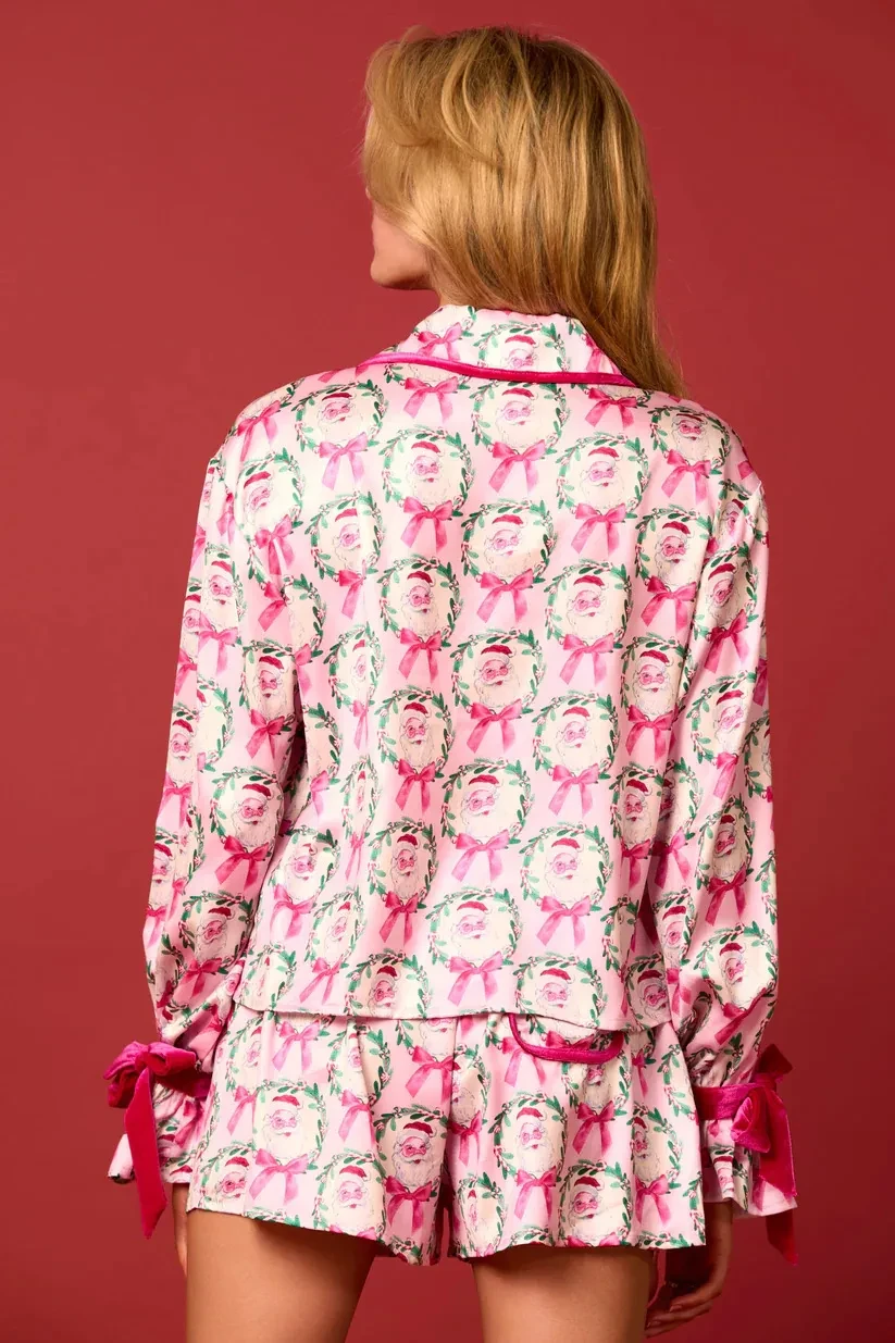 2 Pcs Women's Christmas Pajama Set Santa Tree Print Lapel Neck Button-up Long Sleeve Tops Shorts Loungewear Outfit