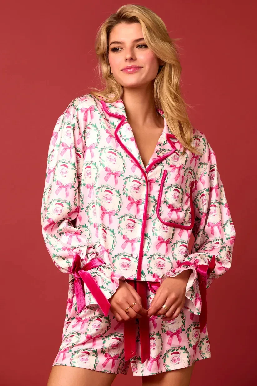 2 Pcs Women's Christmas Pajama Set Santa Tree Print Lapel Neck Button-up Long Sleeve Tops Shorts Loungewear Outfit