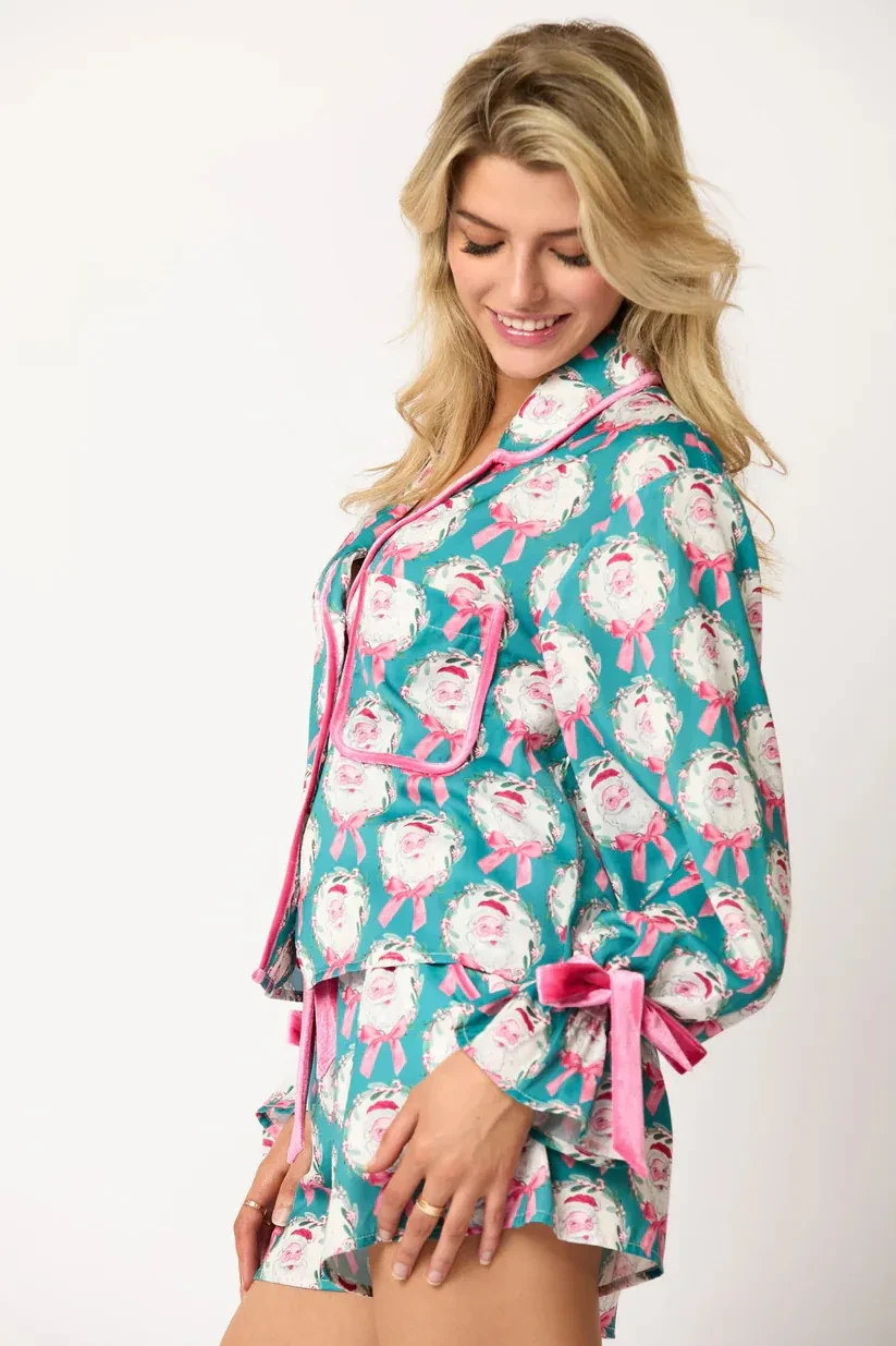 2 Pcs Women's Christmas Pajama Set Santa Tree Print Lapel Neck Button-up Long Sleeve Tops Shorts Loungewear Outfit