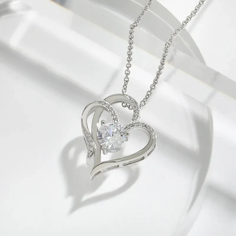 Zircon Double Love Necklace With Rhinestones Ins Personalized Heart-shaped Necklace Clavicle Chain Jewelry For Women Valentine's Day