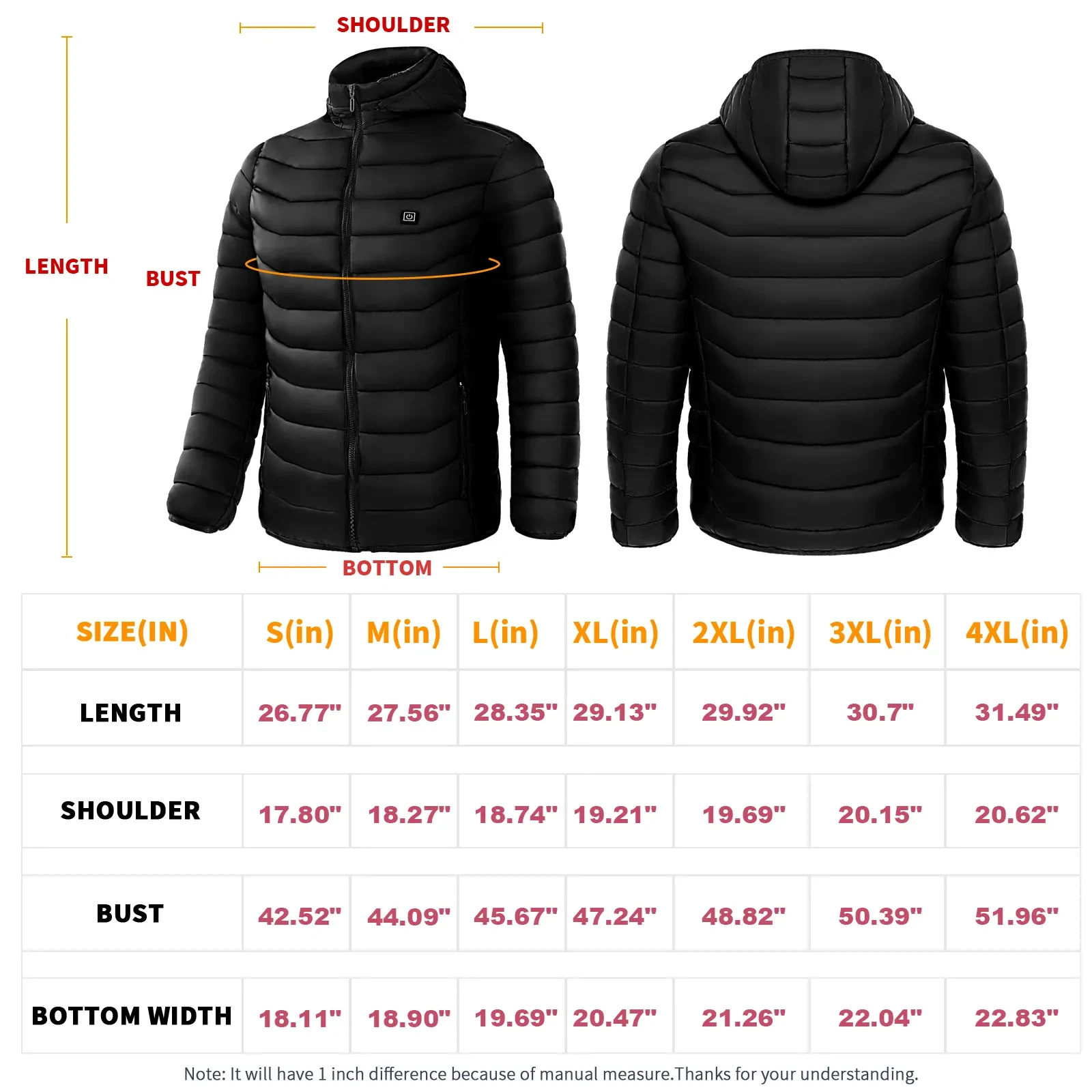 Men Heated Puffer Jacket Electric Heating Coat Insulated Hood Windbreaker 9Heat Zones