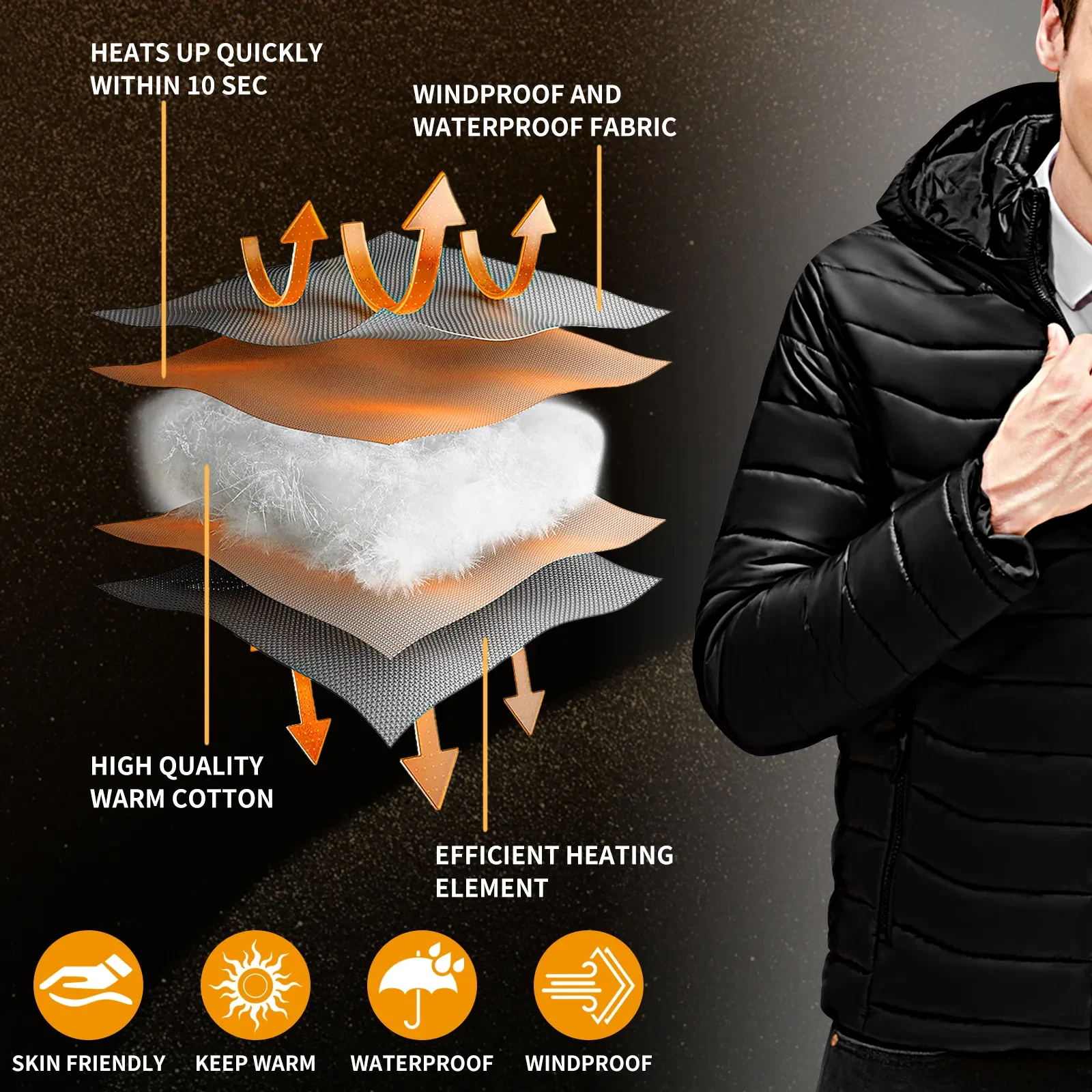 Men Heated Puffer Jacket Electric Heating Coat Insulated Hood Windbreaker 9Heat Zones