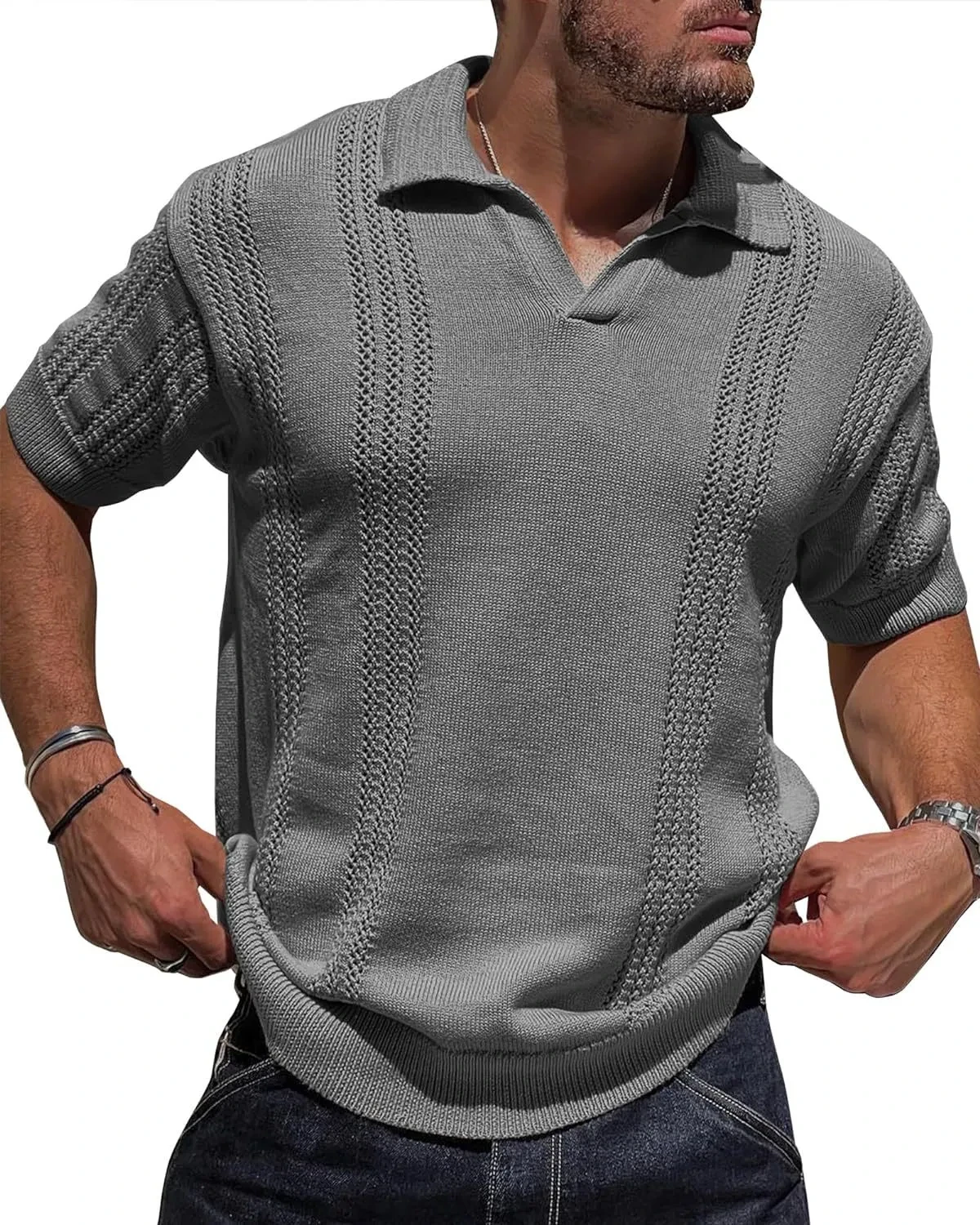 European and American Style Men's Short Sleeve Knitted V-Neck Polo Shirt with Hollow Design