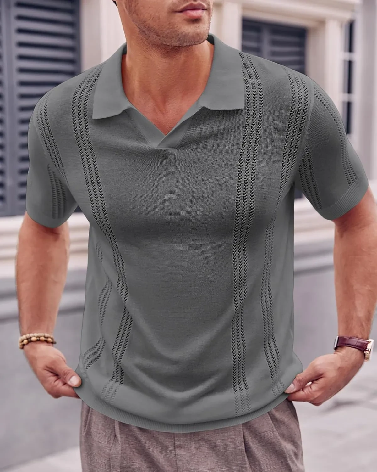 European and American Style Men's Short Sleeve Knitted V-Neck Polo Shirt with Hollow Design