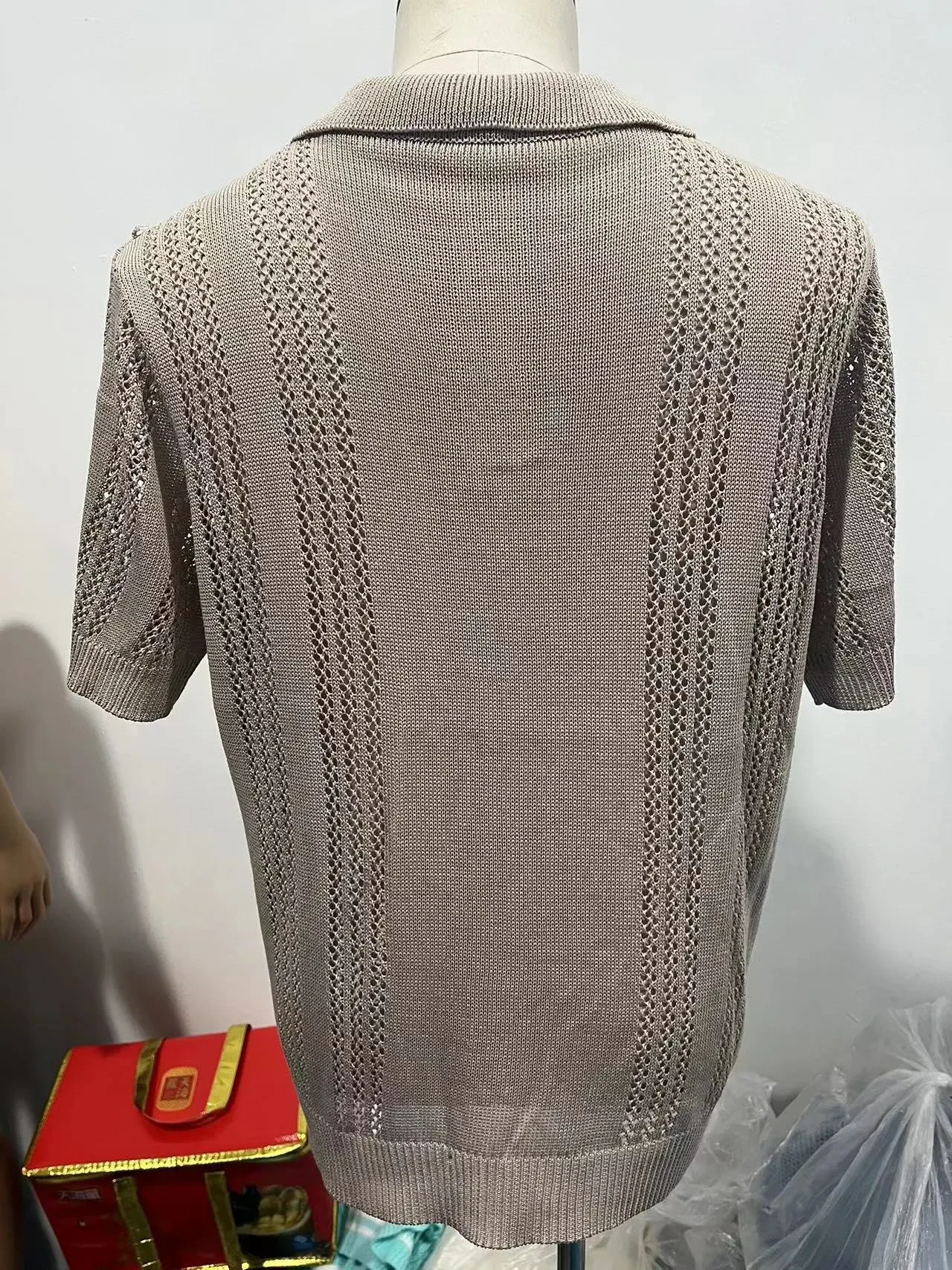 European and American Style Men's Short Sleeve Knitted V-Neck Polo Shirt with Hollow Design