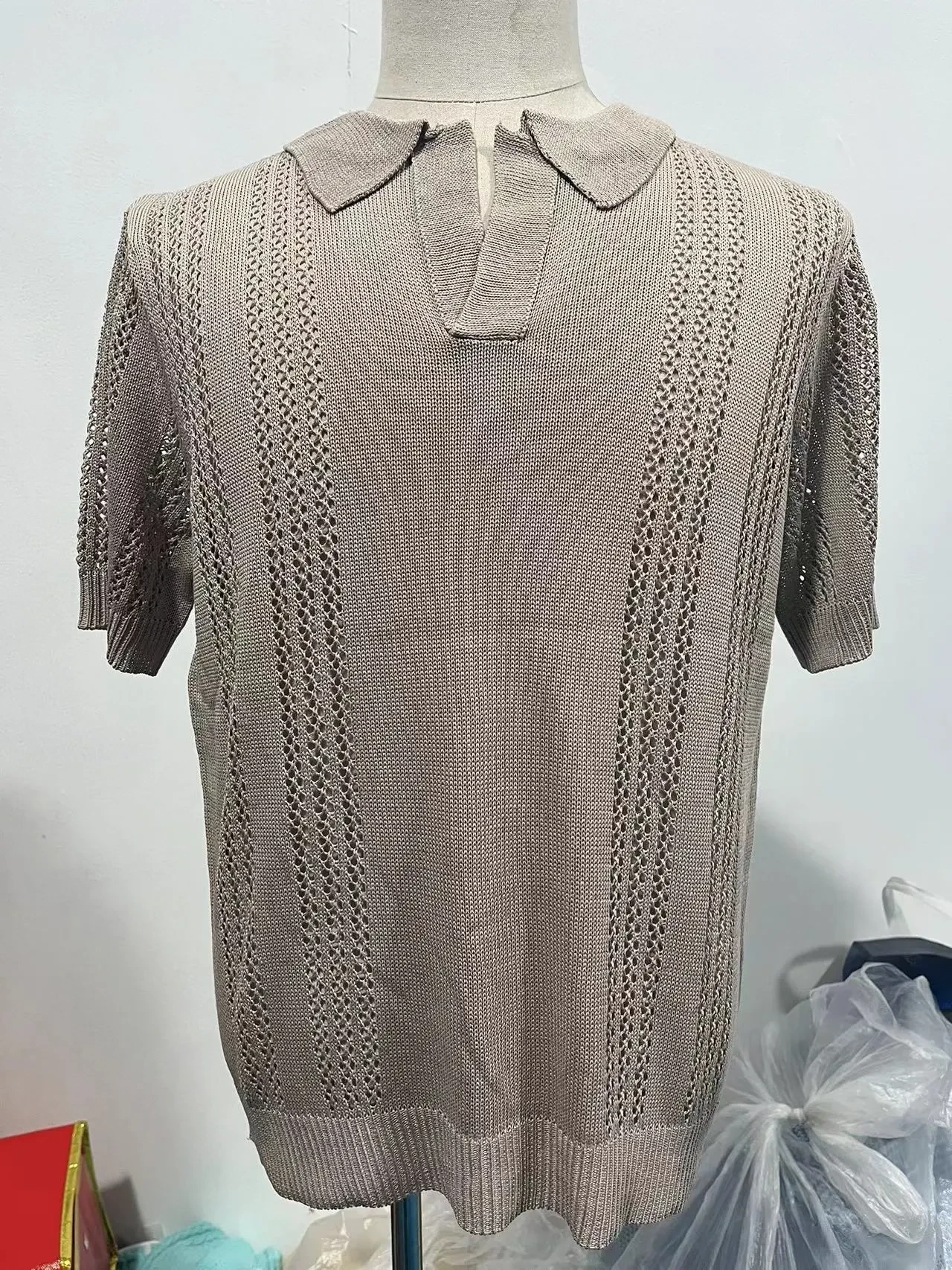 European and American Style Men's Short Sleeve Knitted V-Neck Polo Shirt with Hollow Design