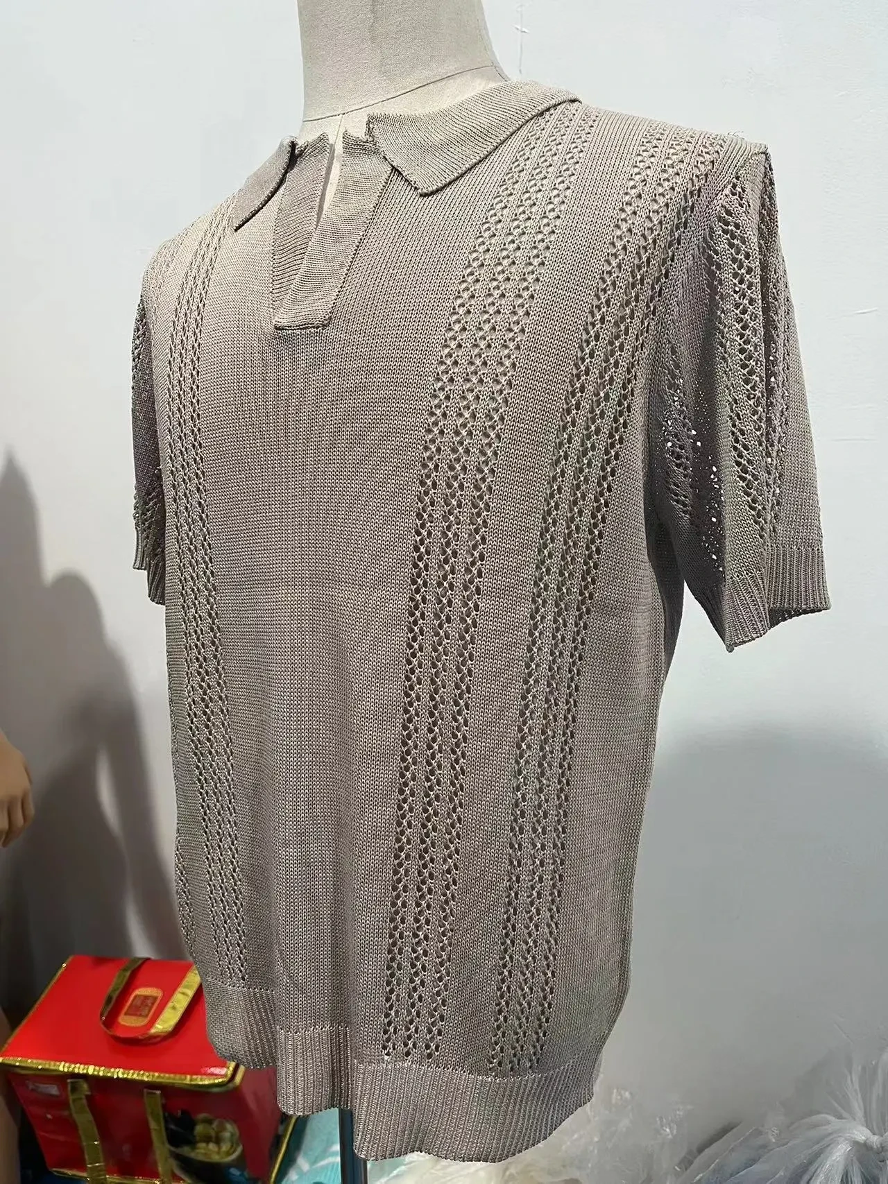 European and American Style Men's Short Sleeve Knitted V-Neck Polo Shirt with Hollow Design