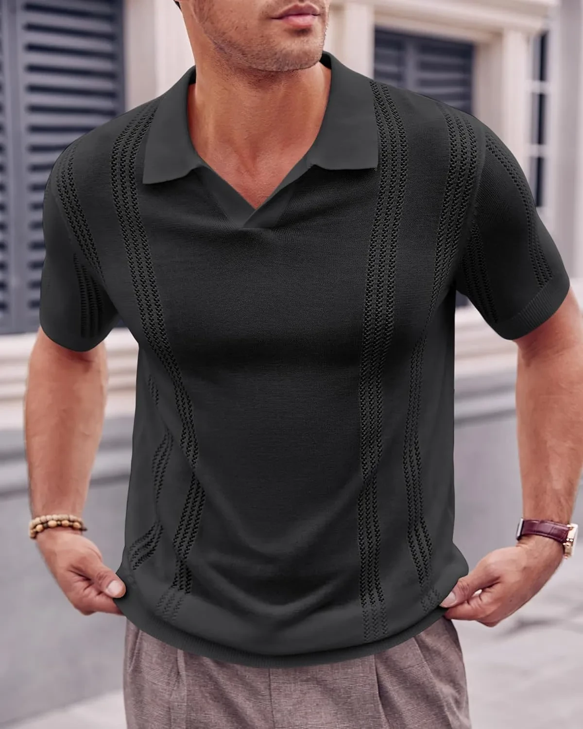 European and American Style Men's Short Sleeve Knitted V-Neck Polo Shirt with Hollow Design