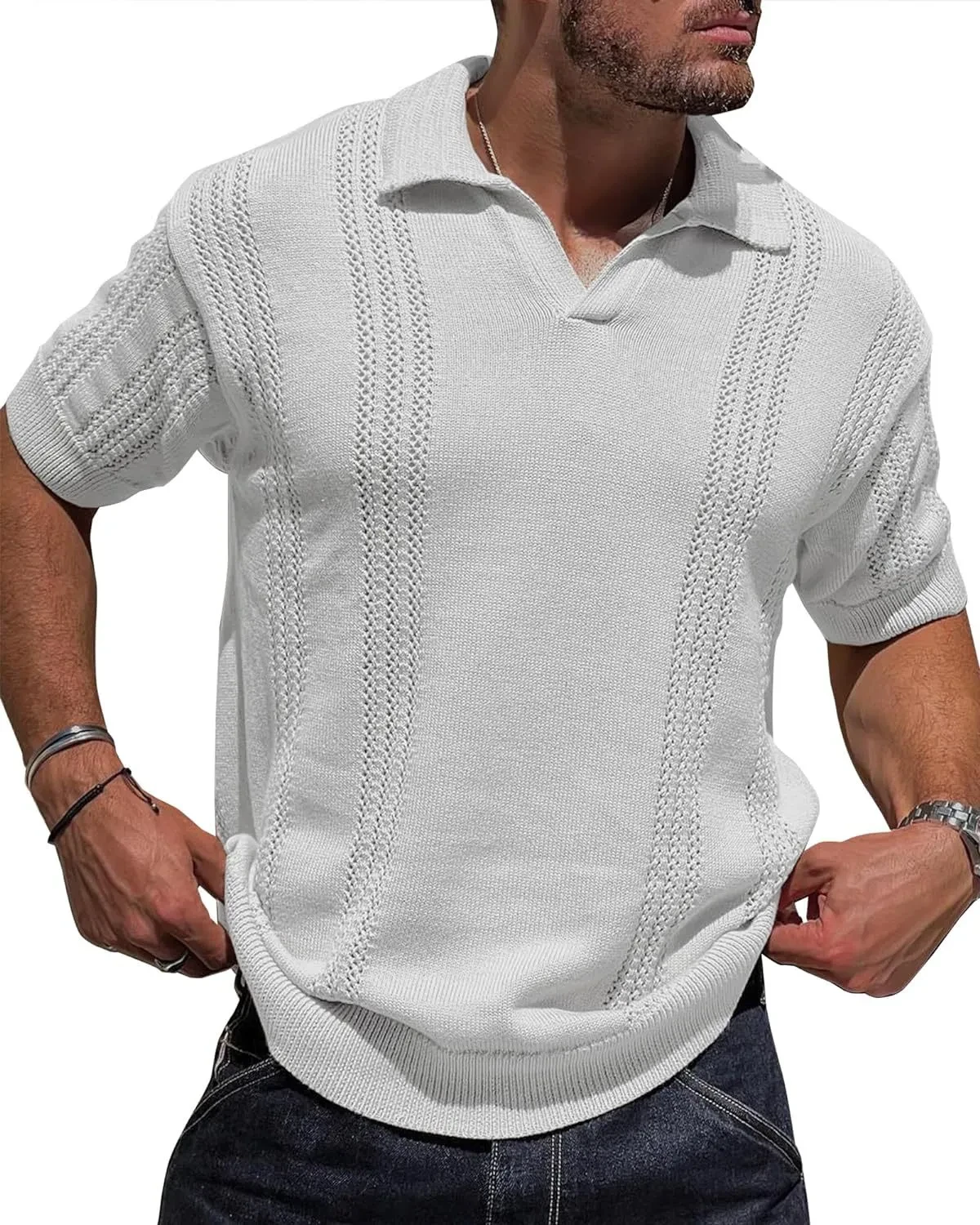 European and American Style Men's Short Sleeve Knitted V-Neck Polo Shirt with Hollow Design