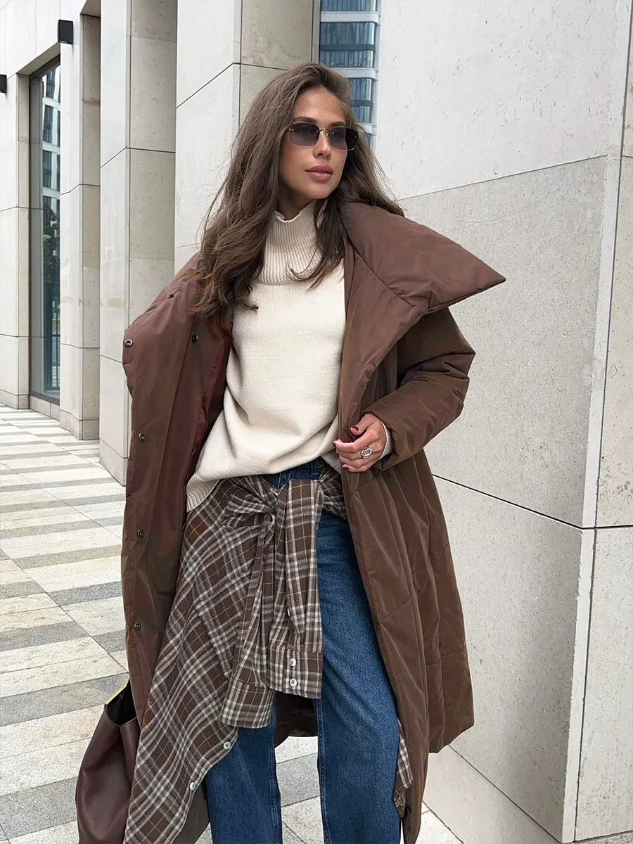 Fashionable Large Lapel, Lace-Up Design Women's Winter Warm Long Coat