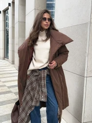 Fashionable Large Lapel, Lace-Up Design Women's Winter Warm Long Coat